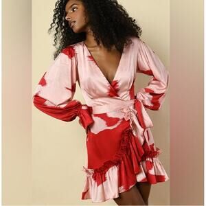 HUTCH Red Pink Satin Ruffle Wrap Dress Size M Long Sleeve Cocktail Party